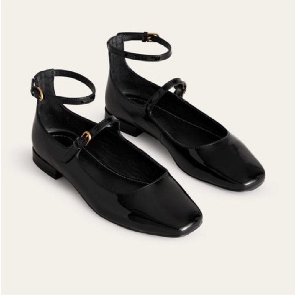 Boden Black Patent Ankle Strap Flats